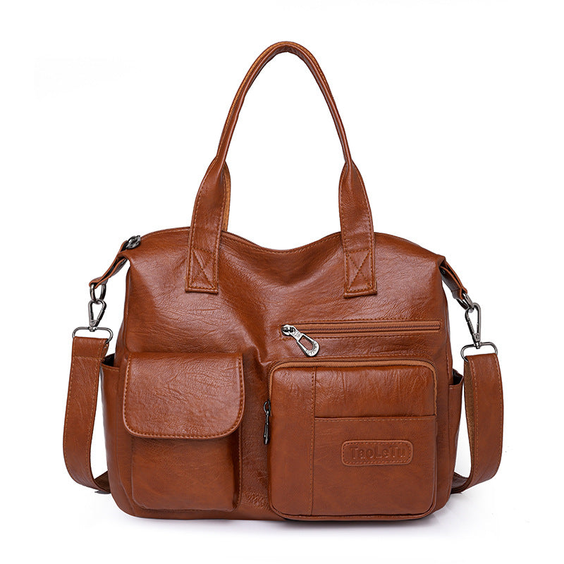 Vintage PU Leather Tote Bag Soft Retro Simple Shoulder Handbag for Women Daily Commuter teemdrop