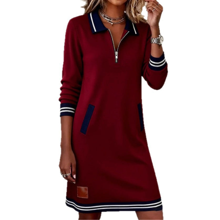 Women's Autumn Lapel Zip Front Colorblock Dress