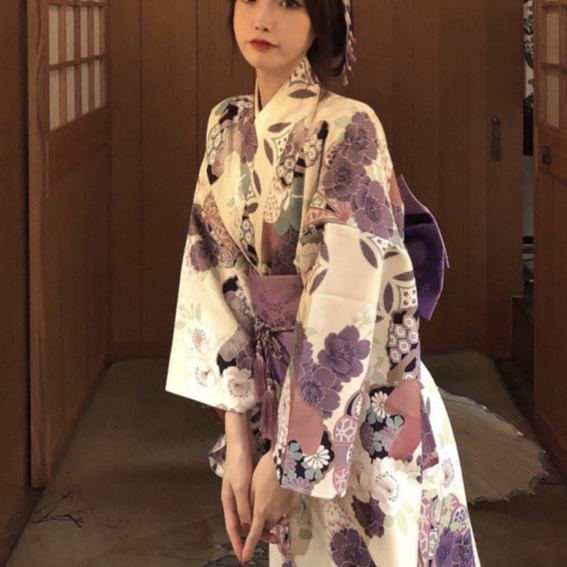 Womens Traditional Retro Japanese Camellia Print Kimono Dress with Girdle and Fan Headdress Set teemdrop