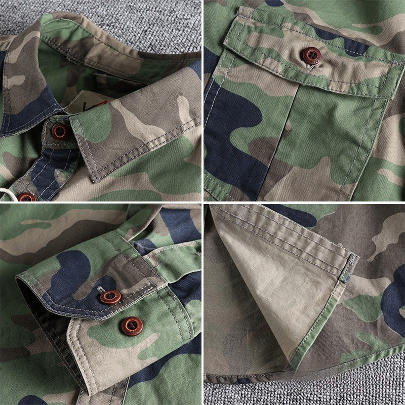 Men's Washed Camouflage Long-Sleeve Cotton Workwear Shirt teemdrop