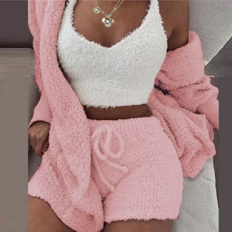 Women's Plush Three-Piece Long Sleeve Vest Shorts Track Set teemdrop