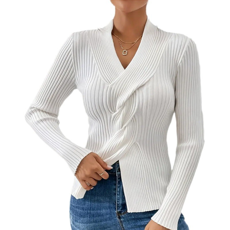 Women's Solid Color V-Neck Long Sleeve Slim Fit Knit Sweater