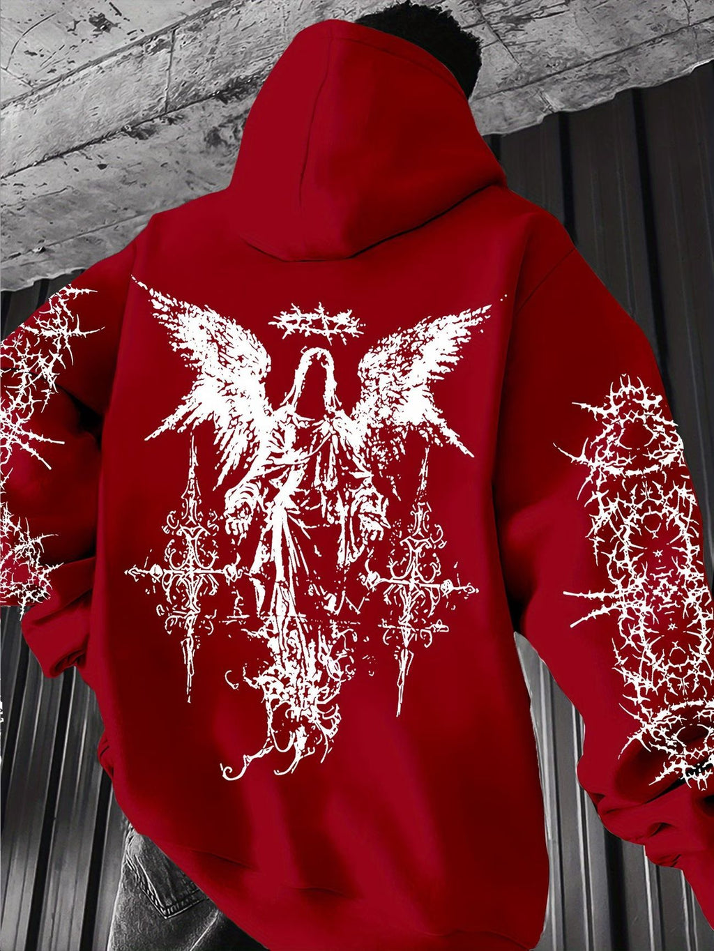 Gothic-style angel-print hoodie teemdrop