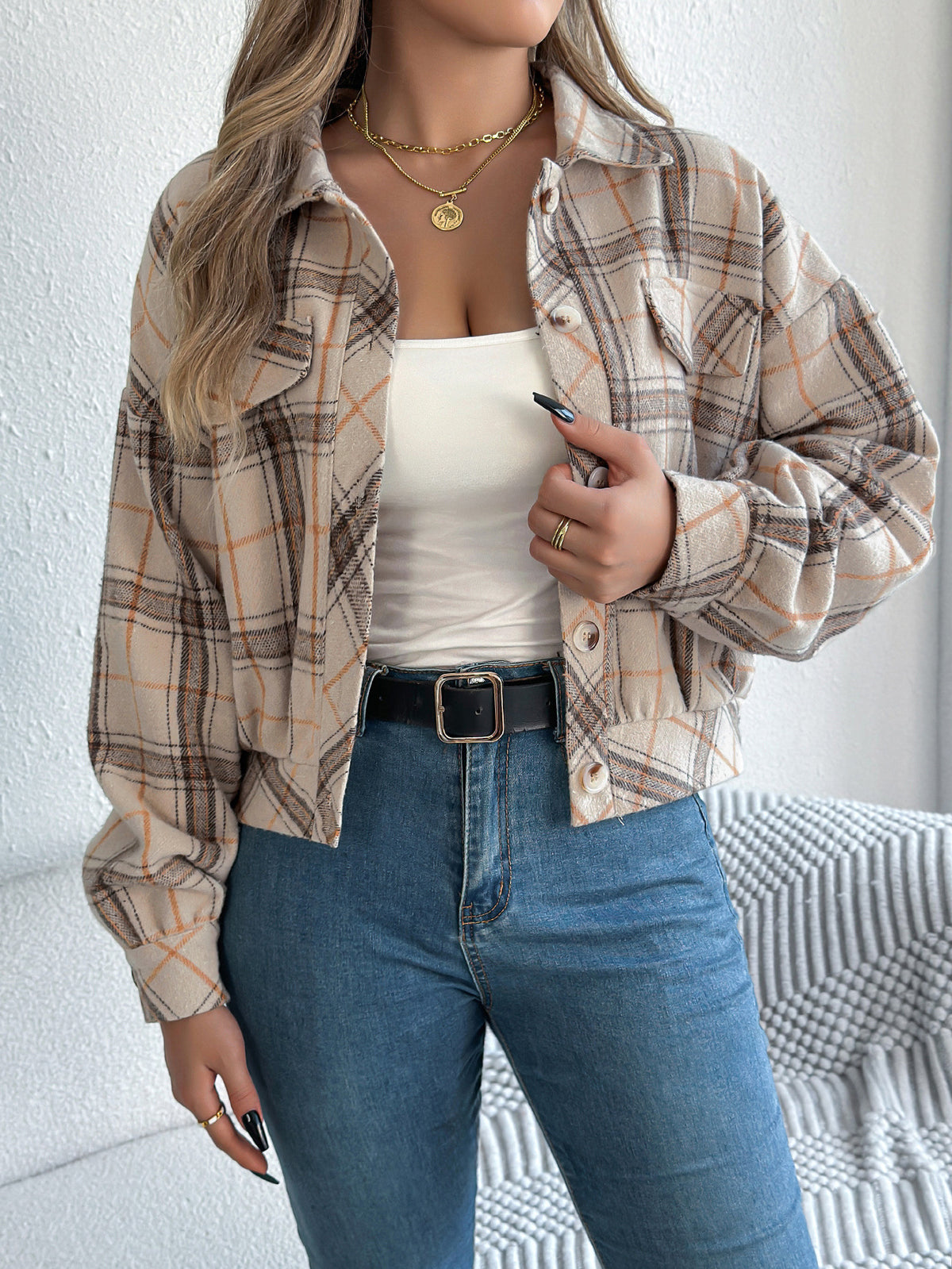 Women's Plaid Long Sleeve Lapel Woolen Jacket with Button Closure teemdrop