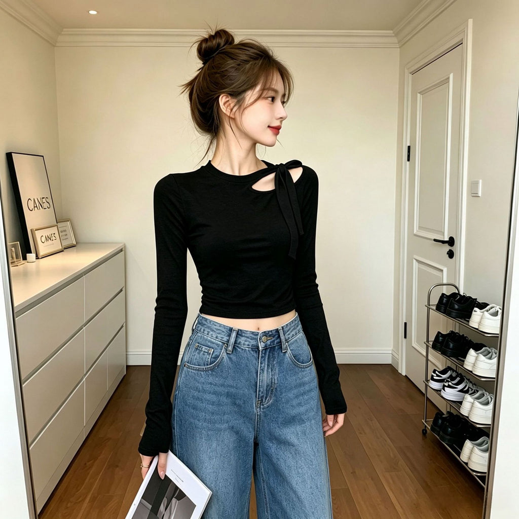 Women's Round Neck Long Sleeve T-Shirt Color Block Slim Fit Soft Top teemdrop