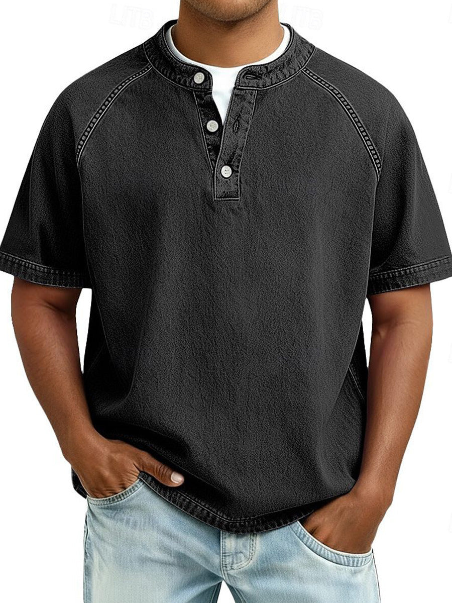Men's Retro Casual Loose Fit Short Sleeve Button Up Polo Shirt Breathable Polyester Top teemdrop