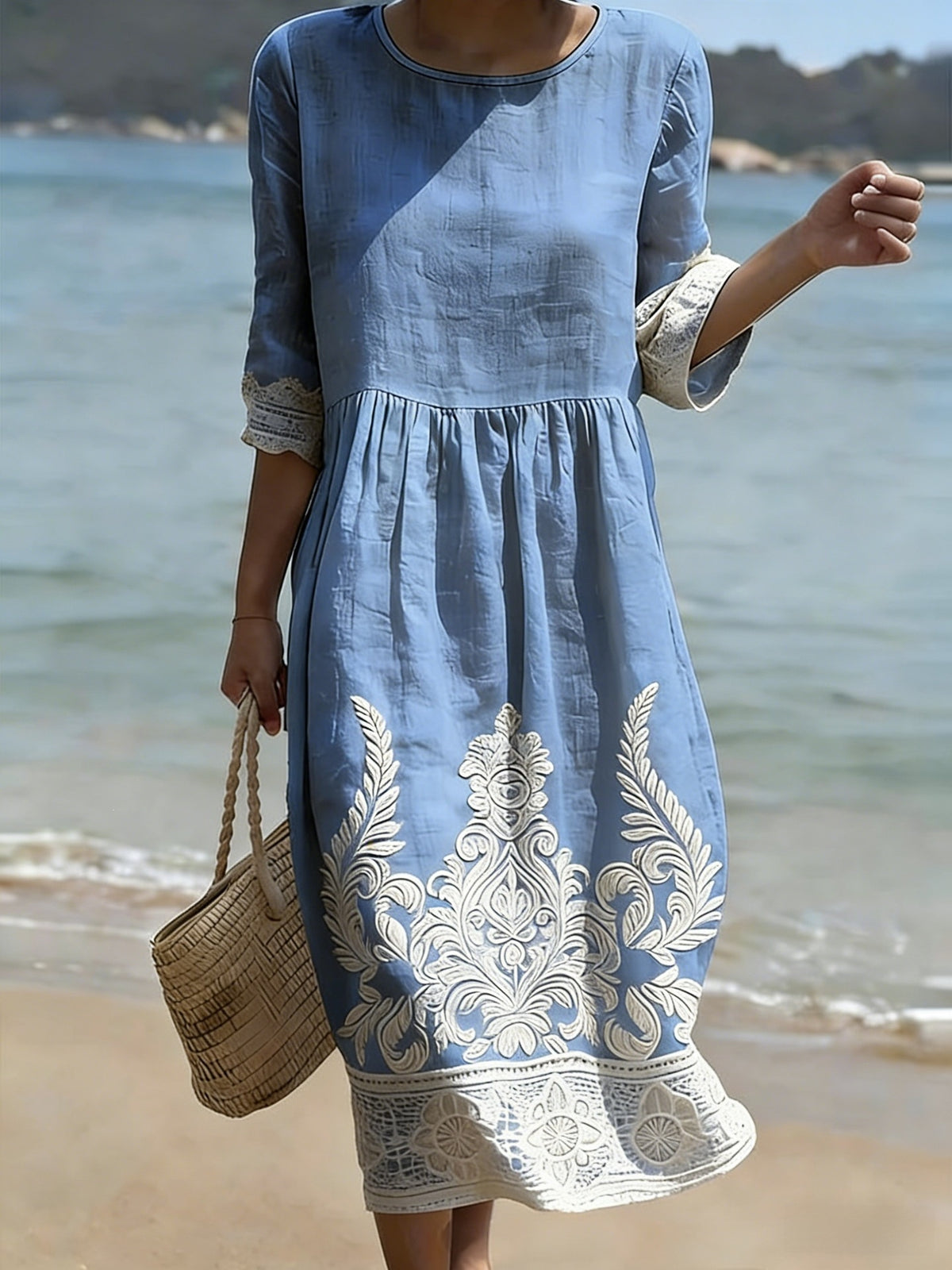 Women's floral print long-sleeved round-neck dress teemdrop