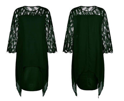 Women's Elegant Lace Patchwork Chiffon Dress with 3/4 Sleeves and Irregular Hem teemdrop