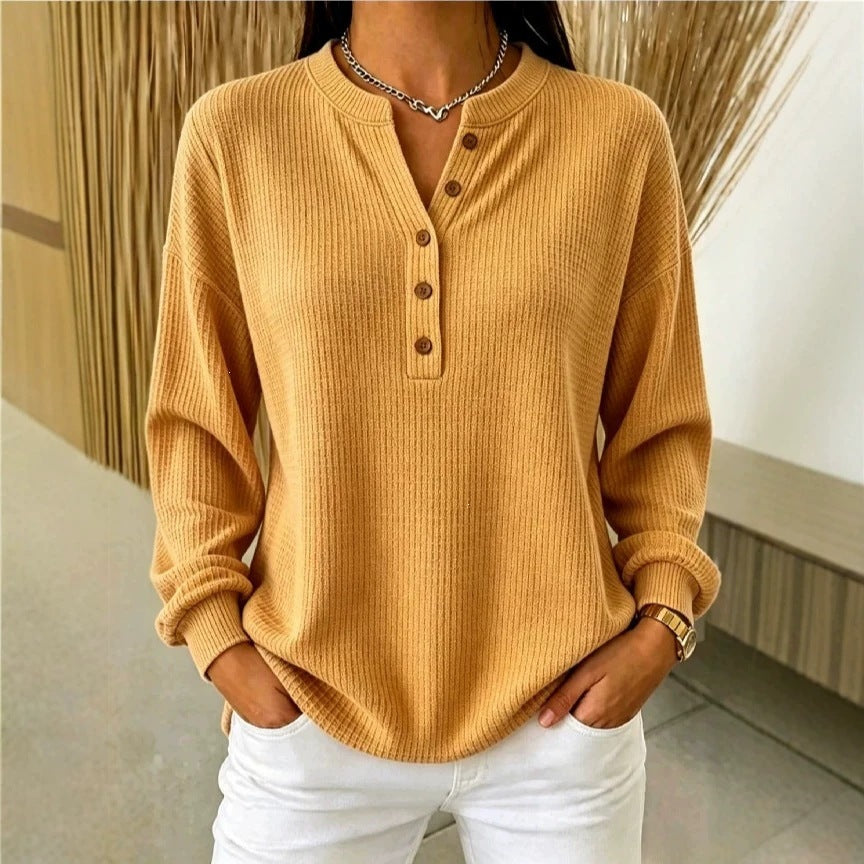 Women's Ribbed Knit Half-Button Henley Long Sleeve T-Shirt teemdrop