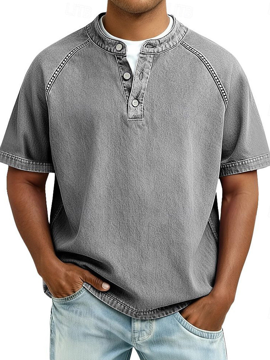 Men's Retro Casual Loose Fit Short Sleeve Button Up Polo Shirt Breathable Polyester Top teemdrop