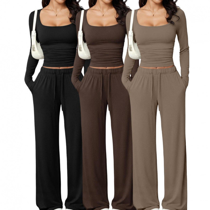 Casual Trousers Set Square Collar Long Sleeve Short Top Women Home Wear