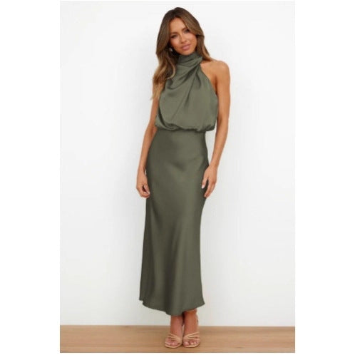 Womens High-End Satin Sleeveless Pleated Midi Dress Mock Neck Evening Gown teemdrop