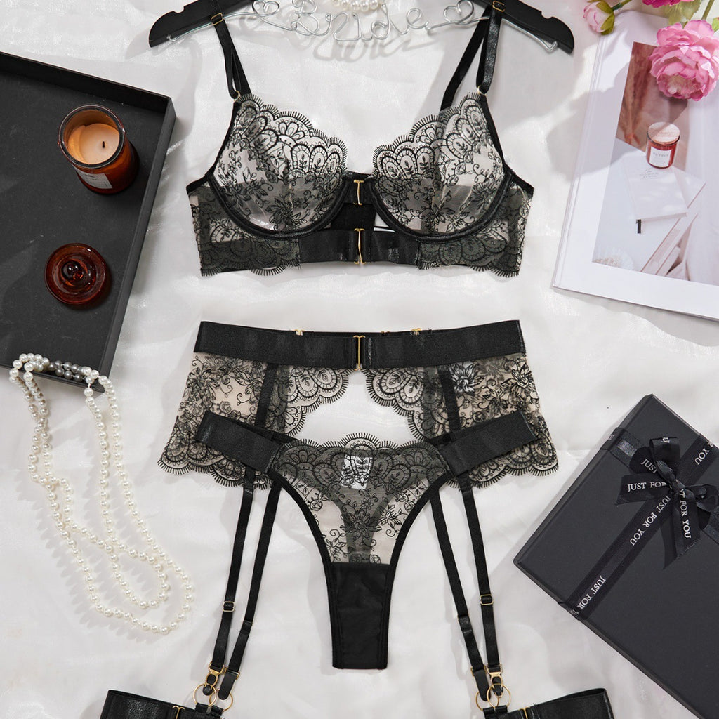Embroidered Lace Garter Lingerie Set teemdrop