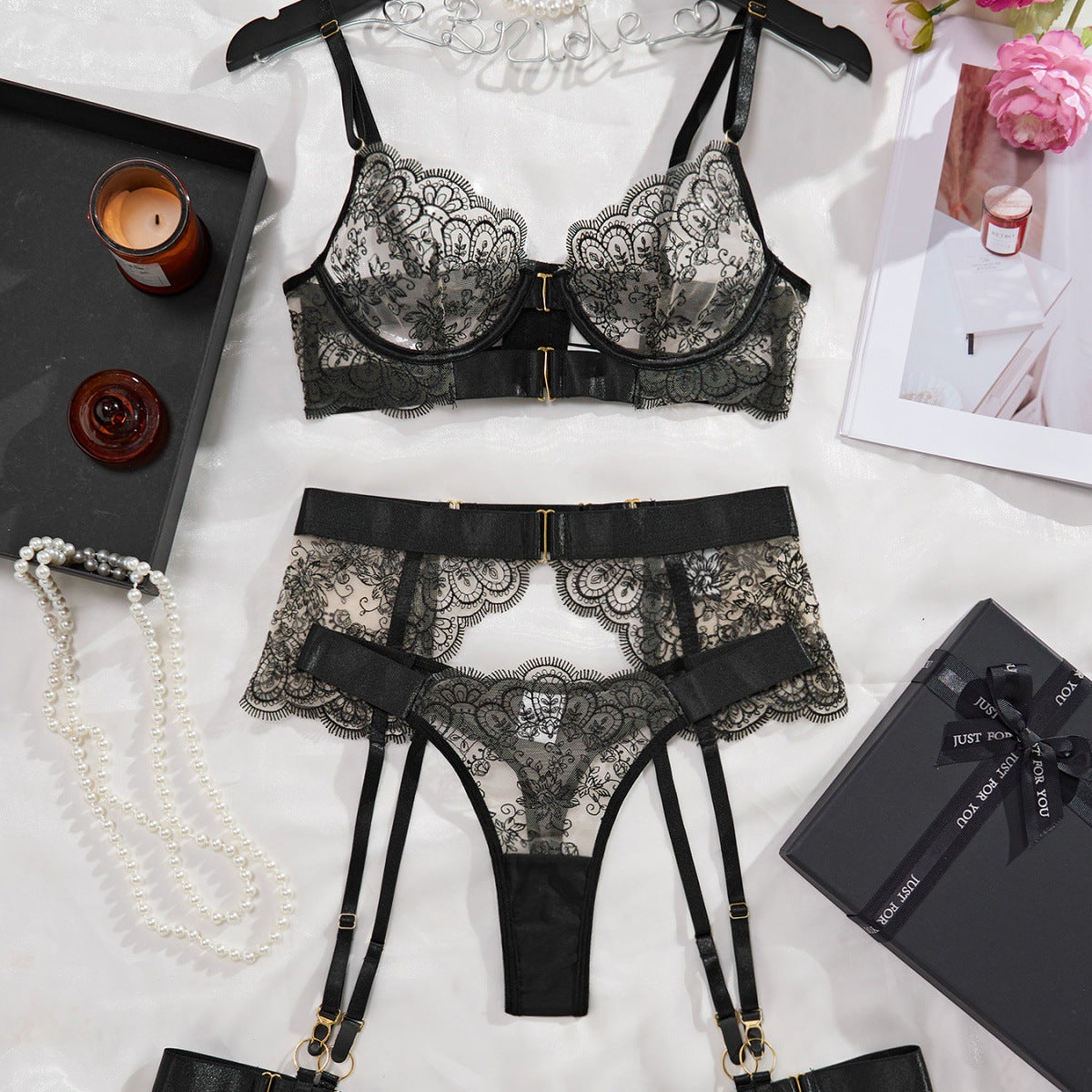 Embroidered Lace Garter Lingerie Set teemdrop