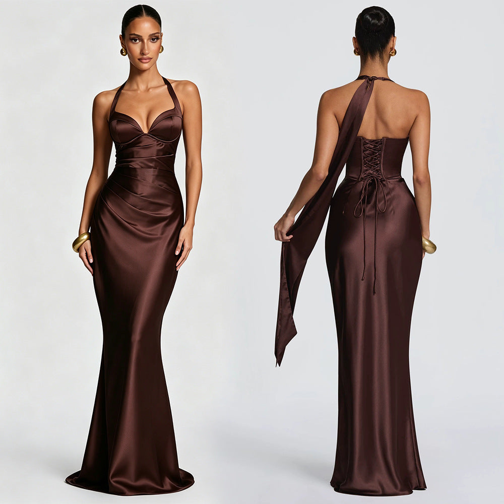 Fashion Elegant Satin Halter Neck Ribbon Backless Cross-Tie Floor-Length Fishtail Gown Dress teemdrop