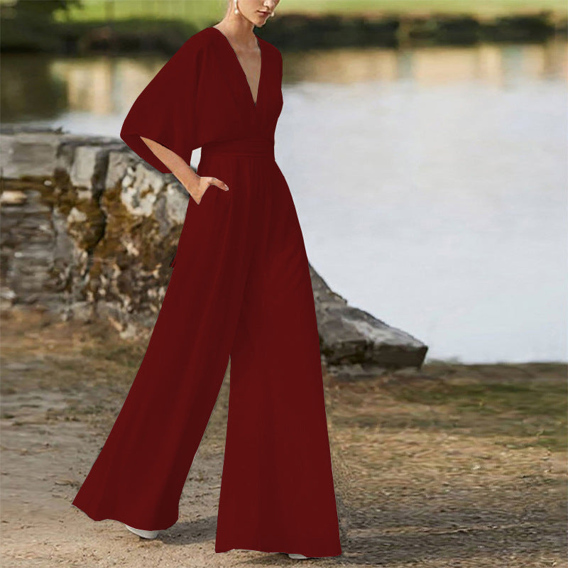 2026 Winter New European and American Foreign Trade Women's Fashion Jumpsuit Amazon Hot-Selling Deep V High-Waisted Wide-Leg Pants