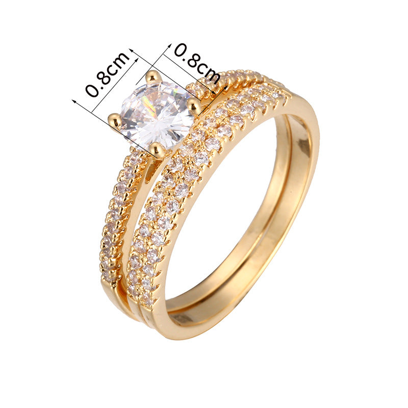 Geometric Zircon Couple Ring Set Gold Plated Copper Jewelry