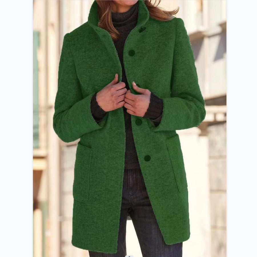 Womens Retro Solid Color Buttoned Stand Collar Coats