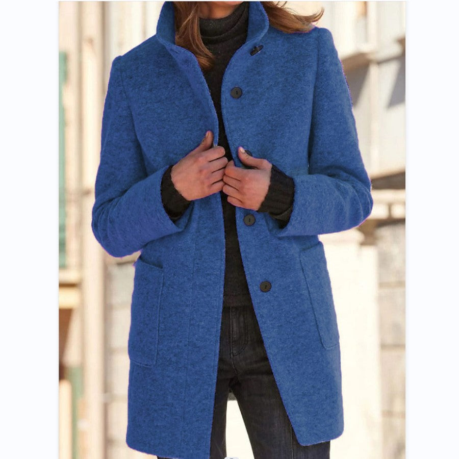 Womens Retro Solid Color Buttoned Stand Collar Coats
