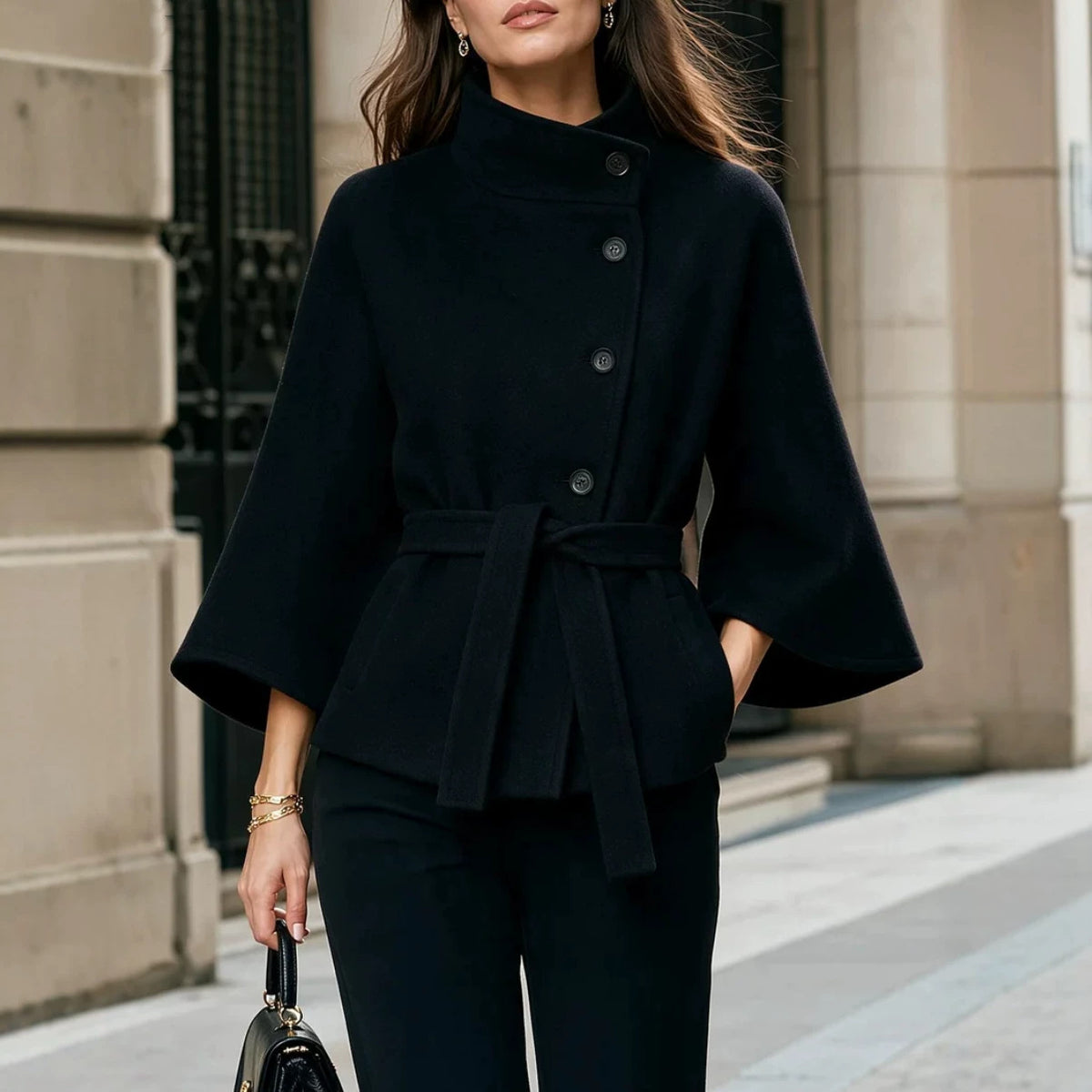 Women's Stand Collar Flared Sleeve Alpaca Wool Blend Coat teemdrop