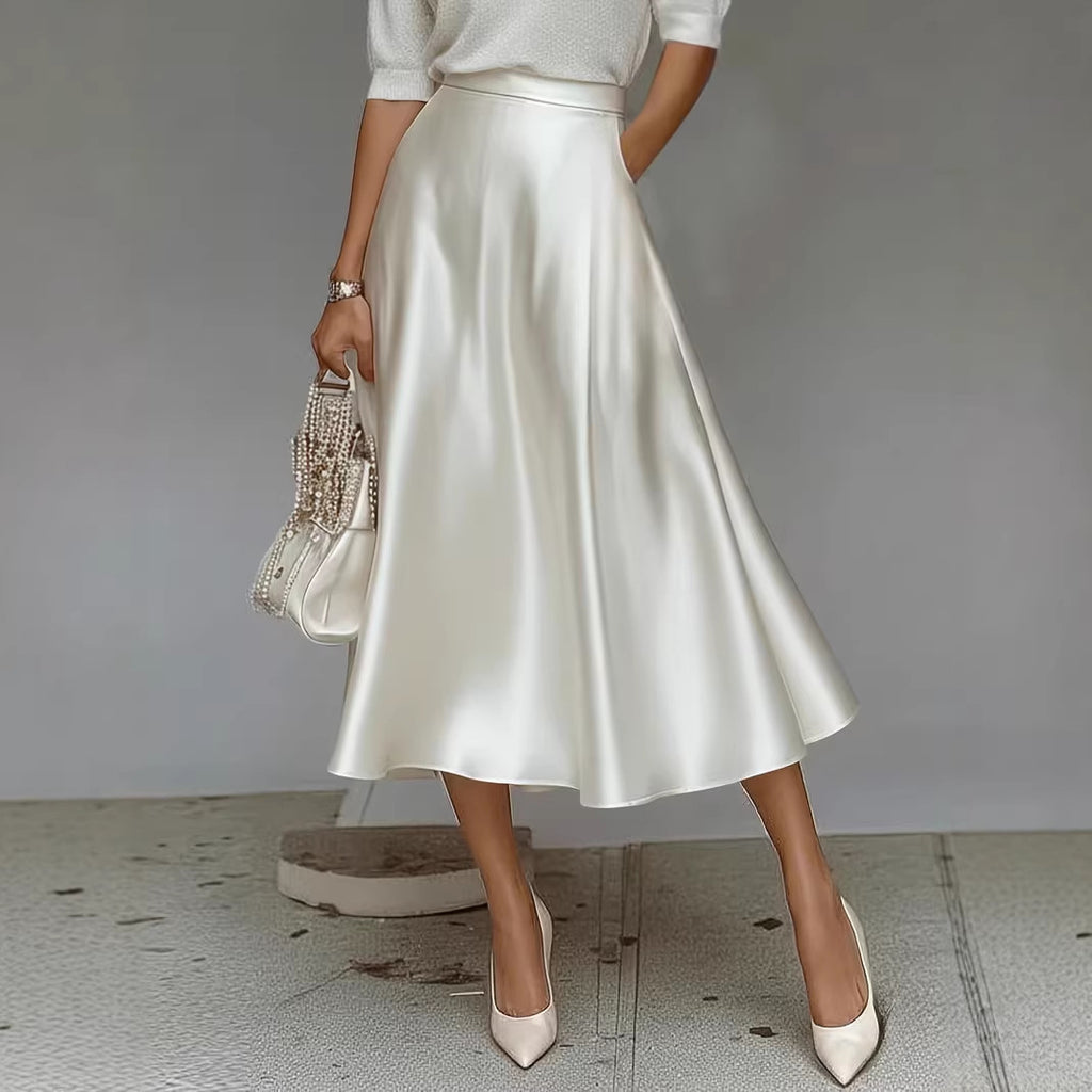 Women's Satin A-Line Midi Skirt Solid Color Elegant Workwear teemdrop