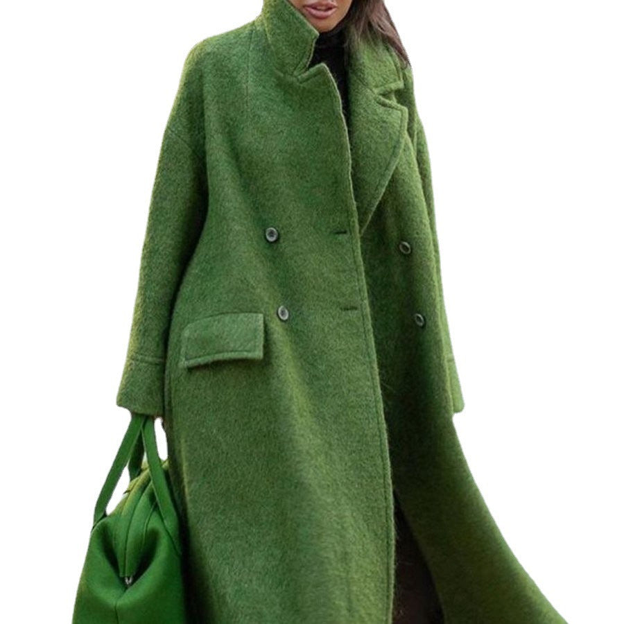 European and American Long Woolen Coat for Autumn and Winter Solid Color Elegant Commuter Wool Green Coat with Belt-Free Lapel