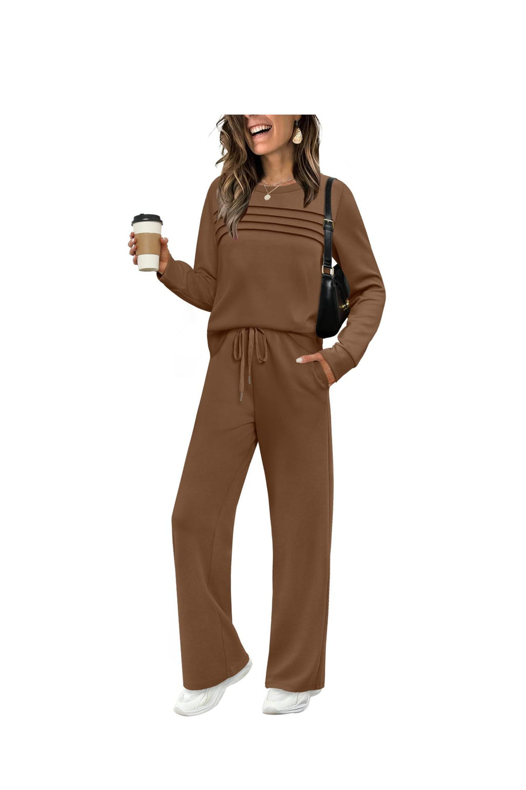 Women's Solid Color Two-Piece Set Pleated Sweatshirt and Wide-Leg Trousers Casual Knit Suit teemdrop