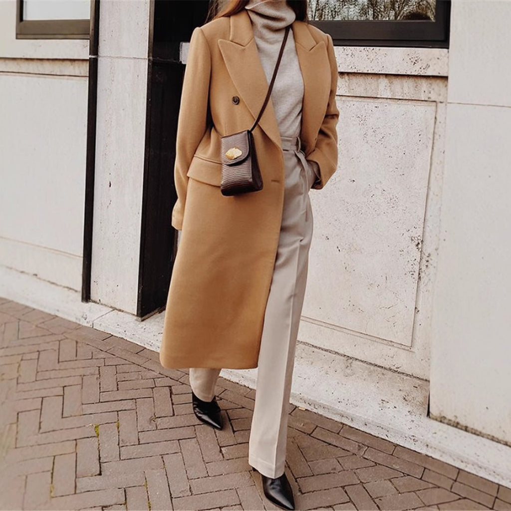 Women?s long-sleeved, solid-color, double-breasted, slim-fit coat with a lapel collar teemdrop