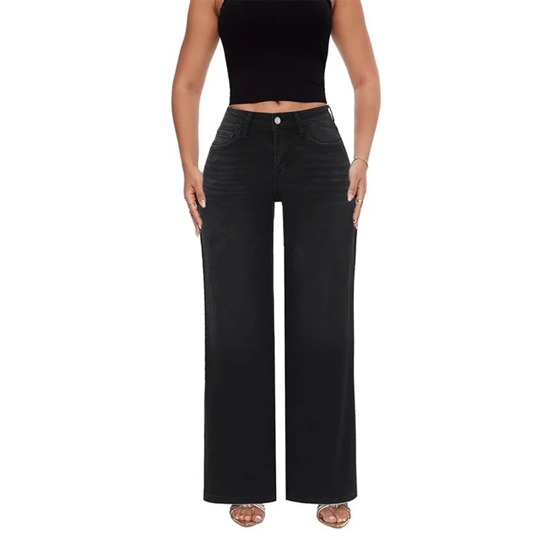 Women's High Elastic Butt-Lifting Mid-Waist Wide-Leg Denim Jeans teemdrop