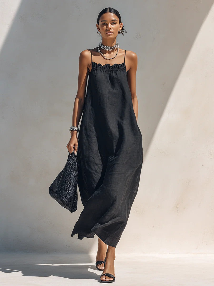 Women's One-Shoulder Sleeveless Smocked Long Dress teemdrop