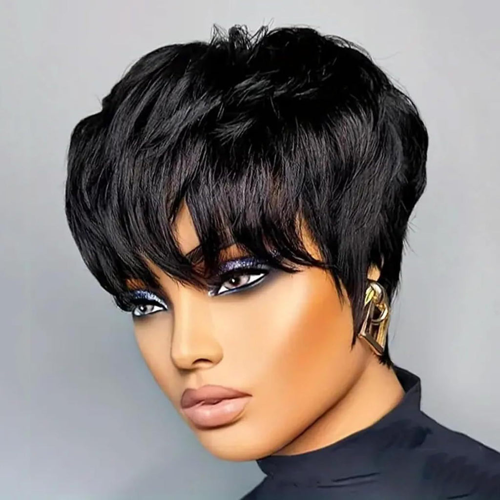 Black Short Curly Pixie Cut Synthetic Wig with Adjustable Cap teemdrop