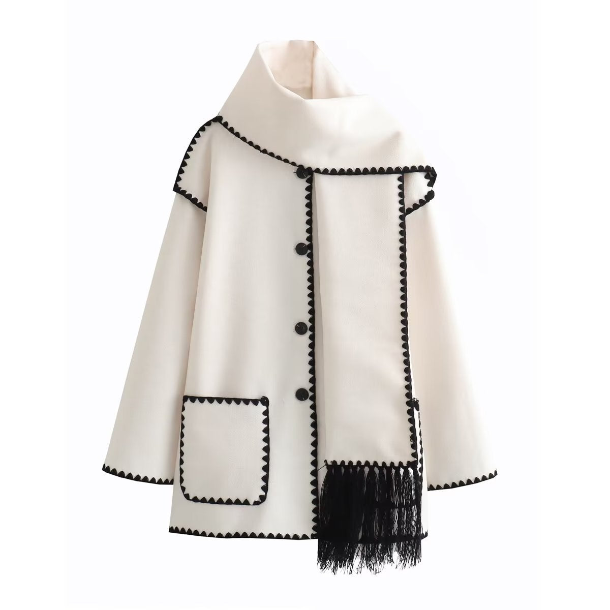Women's Solid Color Scarf Collar Patchwork Loose Woolen Coat teemdrop