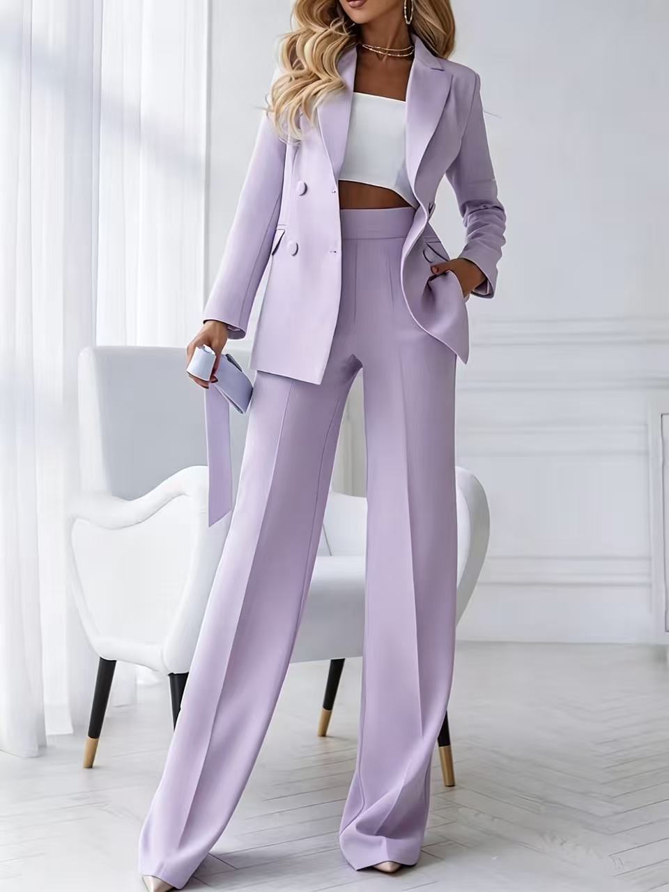 Womens Double-Breasted Blazer and Wide-Leg Pants Suit Set teemdrop