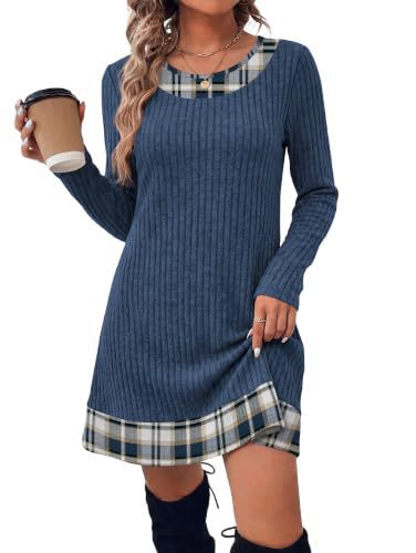 Women's Autumn Winter Plaid Patchwork Bodycon Knitted Sweater Dress teemdrop