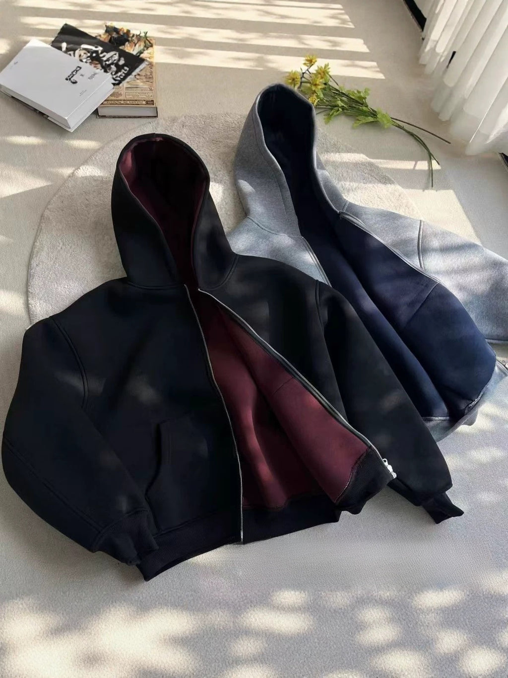 Men's Contrast Color Hoodie Cardigan Loose Casual Jacket Solid Streetwear