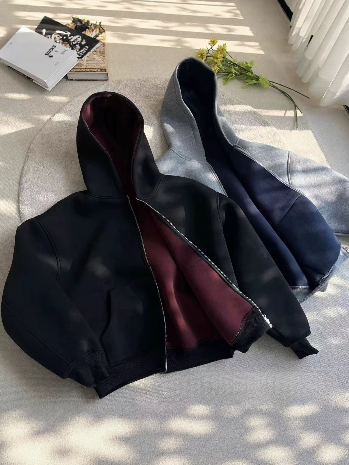 Men's Contrast Color Hoodie Cardigan Loose Casual Jacket Solid Streetwear