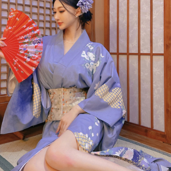 Womens Traditional Retro Japanese Camellia Print Kimono Dress with Girdle and Fan Headdress Set teemdrop