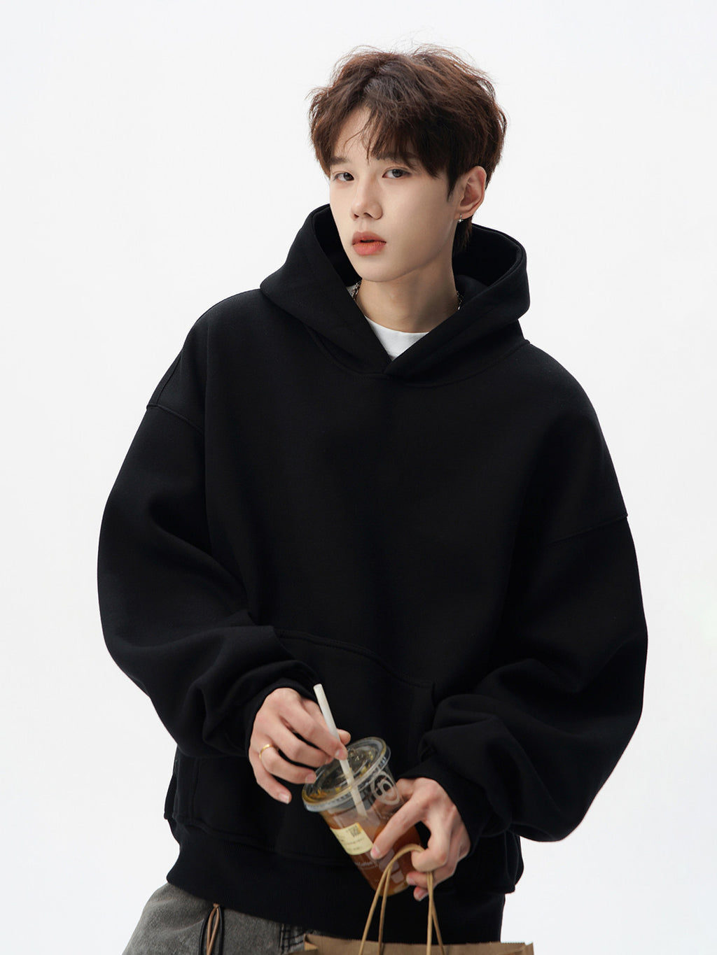 Men Heavyweight 400g Pure Cotton Double Layer Hooded Sweatshirt Loose Fit Solid Color teemdrop