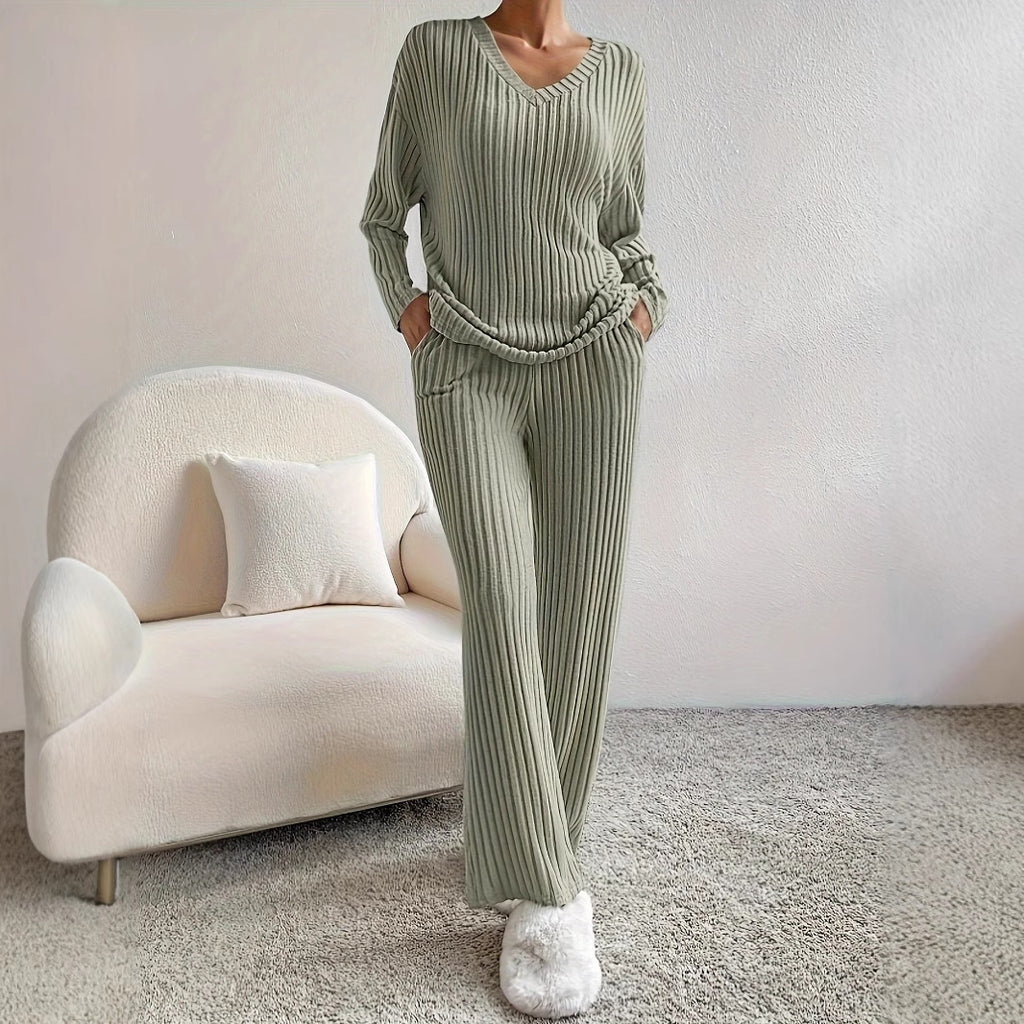 Home Casual Straight Pants Elegant Loose V-neck Pit Two-piece Set