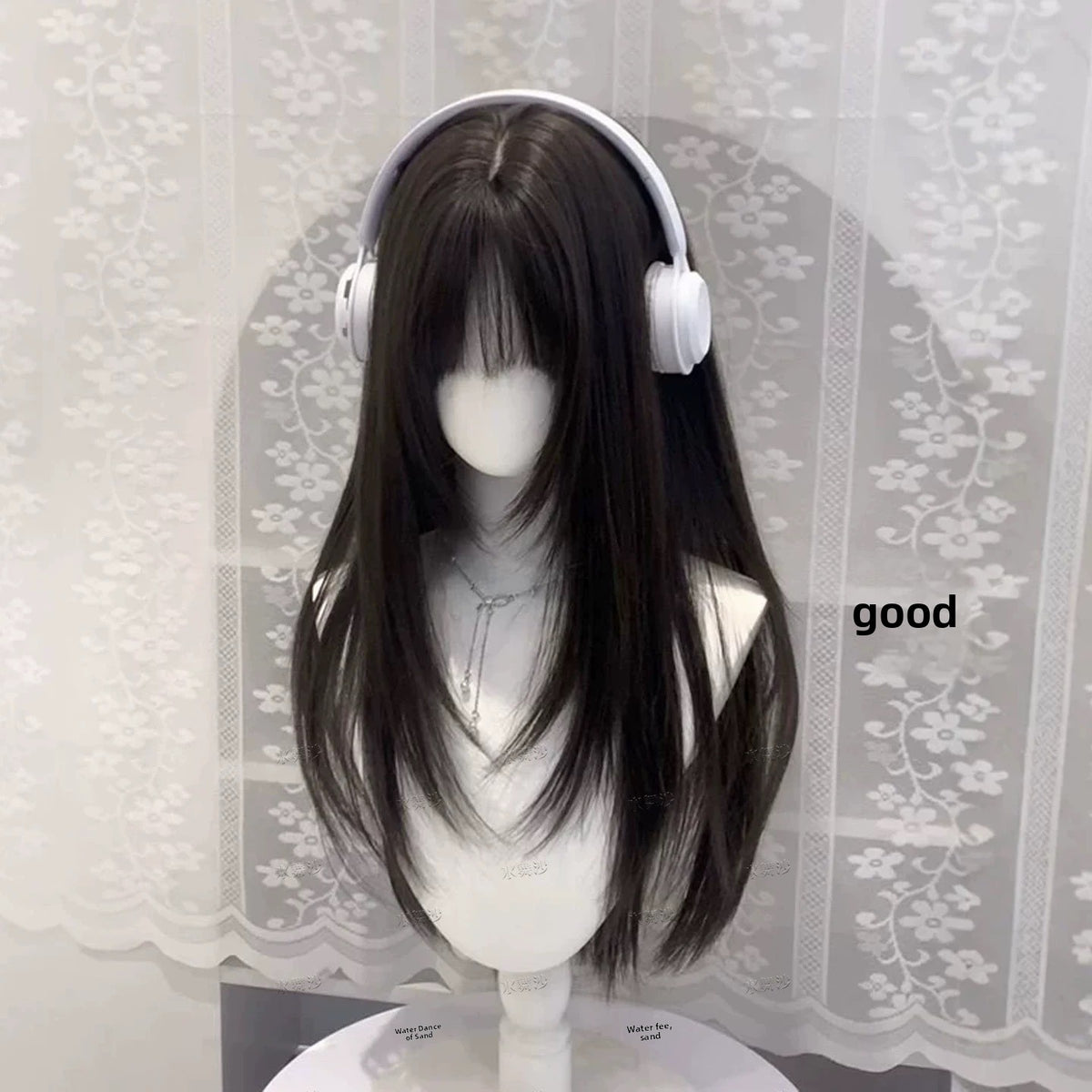 Women Korean Style Layered Long Straight Wig with Air Bangs Natural Look Heat Resistant Fiber Hair teemdrop