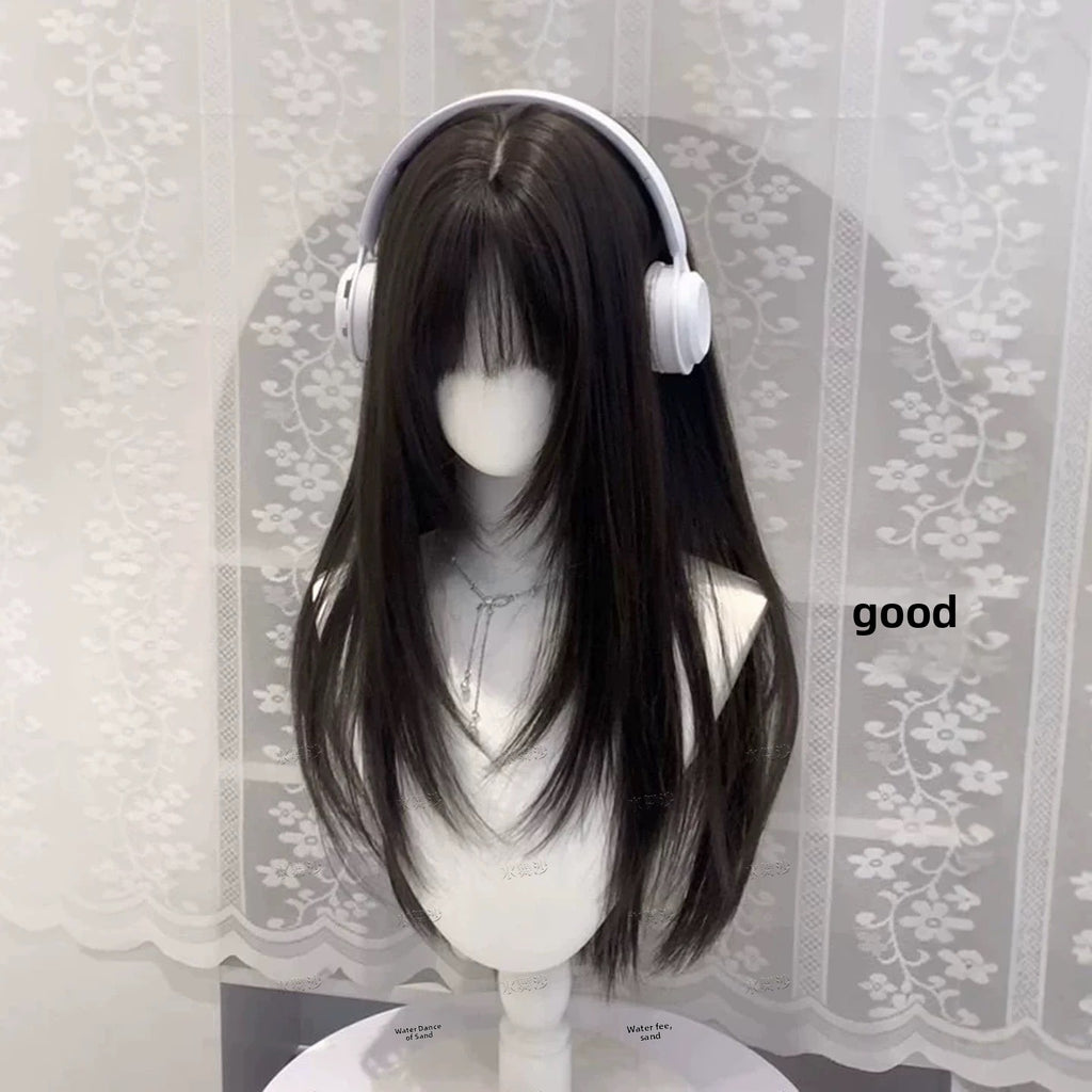 Women Korean Style Layered Long Straight Wig with Air Bangs Natural Look Heat Resistant Fiber Hair teemdrop