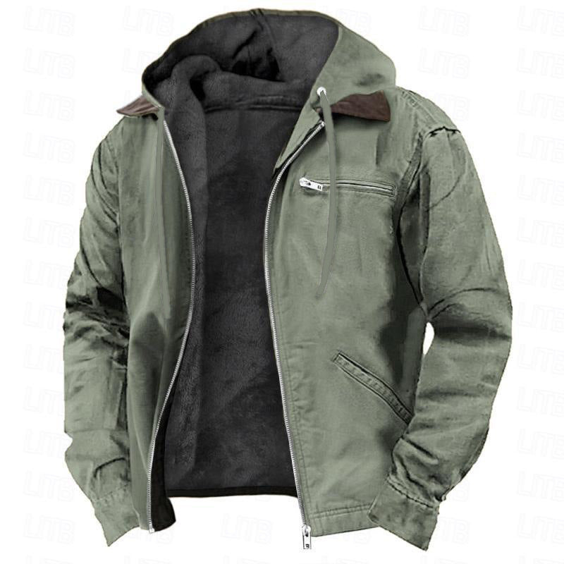 Men's Solid Fleece-Lined Hooded Jacket with Zipper Pocket