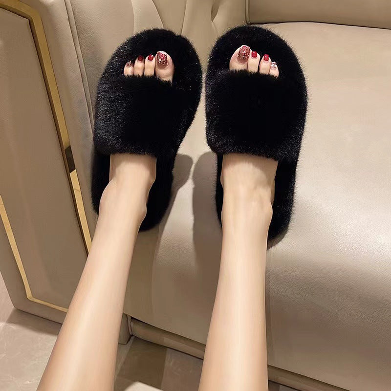 Women's Curly Fur Open Toe Slippers Low Heel Warm Plush Lined teemdrop