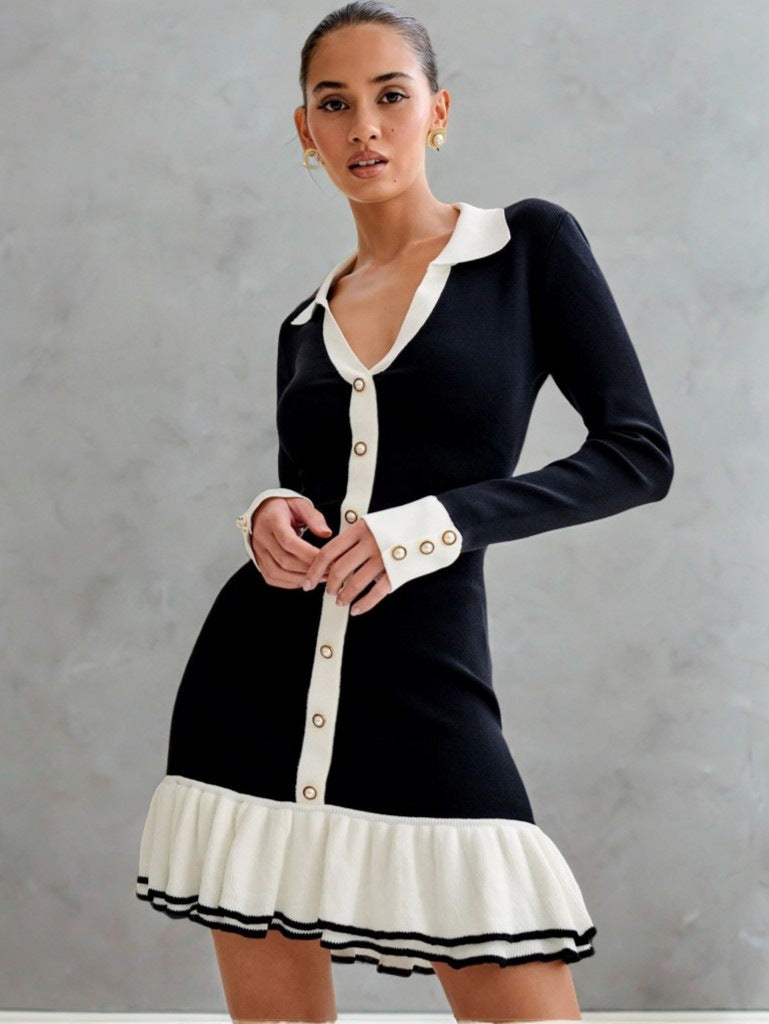 Women's Double Layer Ruffled Knitted Dress with Pearl Buttons and Lapel Collar High Waist Slim Fit Long Sleeve teemdrop
