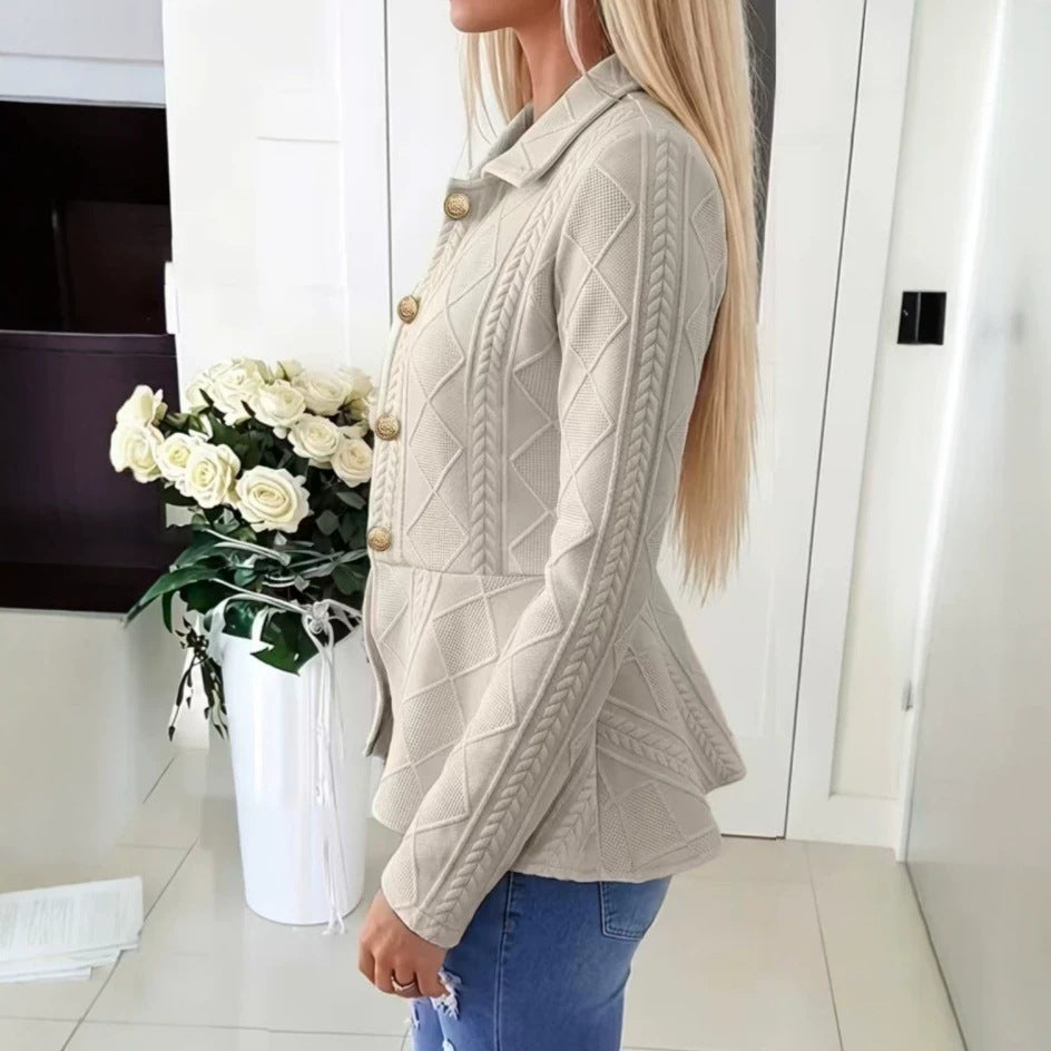 Women's Diamond Pattern Knit Cardigan with Ruffle Hem and Gold Buttons teemdrop