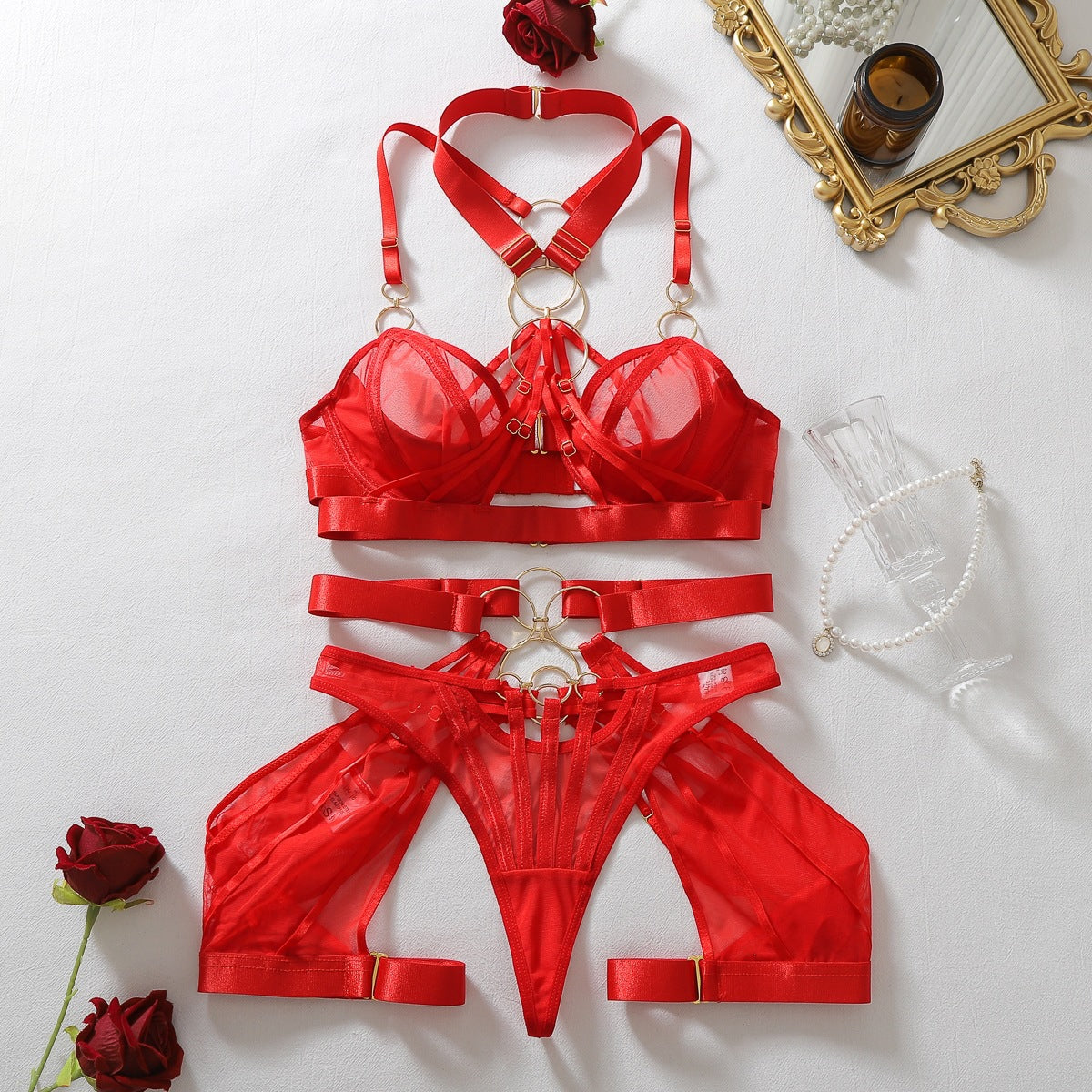 Women's Complex Strappy Sheer Lingerie Body Shaping Four-Piece Set teemdrop