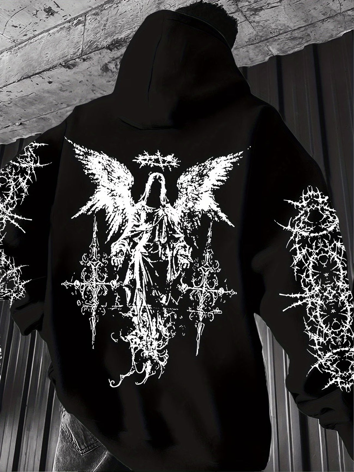 Gothic-style angel-print hoodie teemdrop