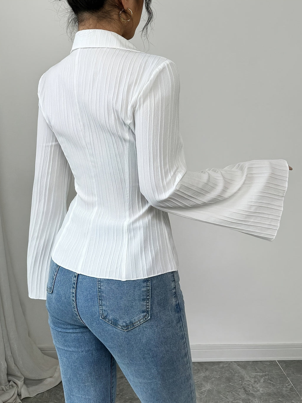 Women's V-Neck Long Sleeve Striped Button-Down Shirt teemdrop