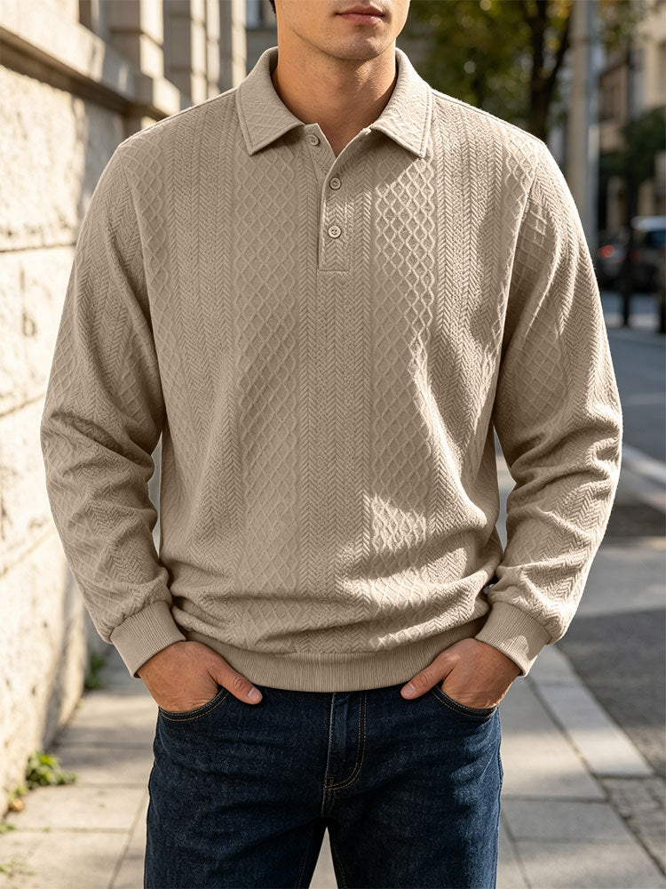 Men's Jacquard Knit Polo Sweatshirt Long Sleeve Turn-Down Collar Loose Fit Top teemdrop