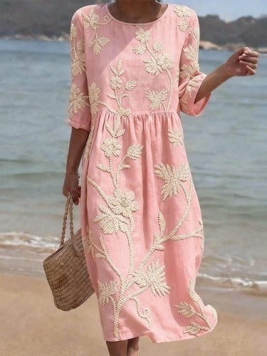 Women's floral print long-sleeved round-neck dress teemdrop